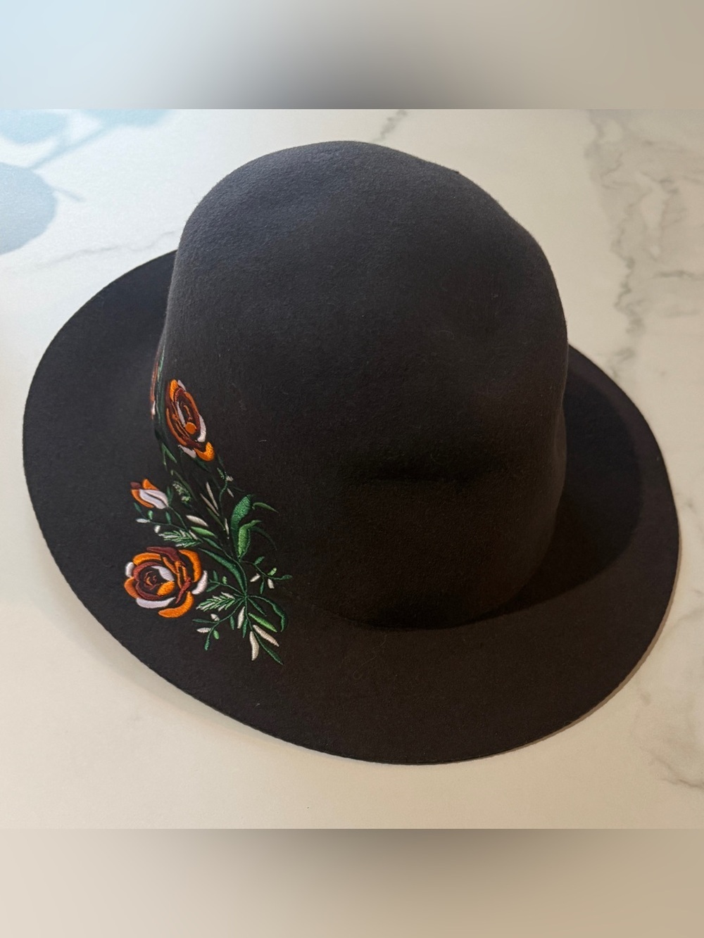 Brown Floral Embroidered Wide-Brim Women's Hat